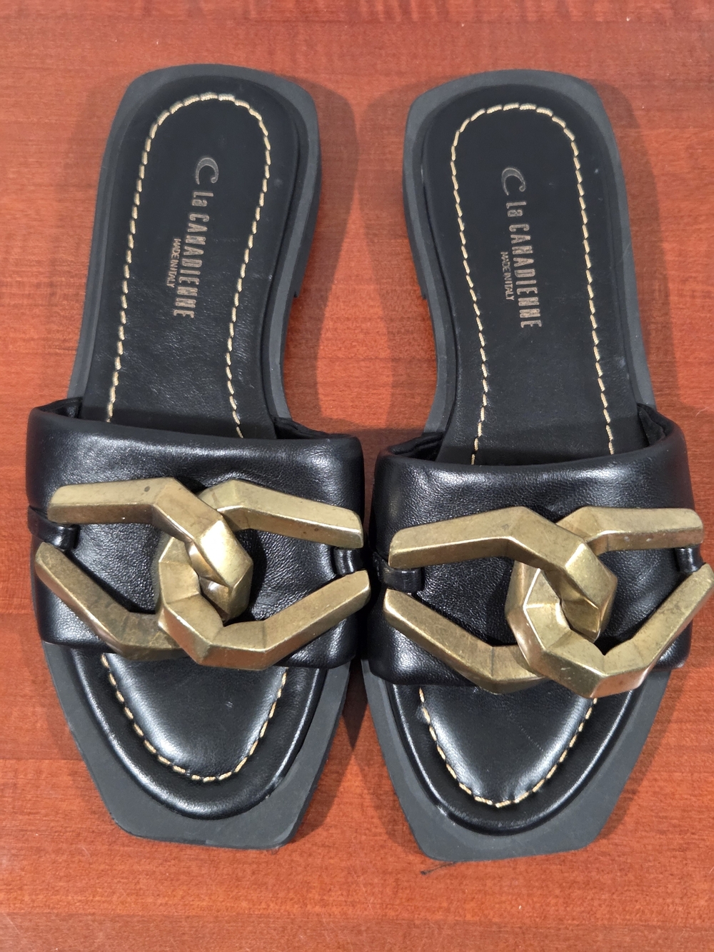La Canadienne Brooklyn Black Leather Chain Slide Sandals Square Made in Italy